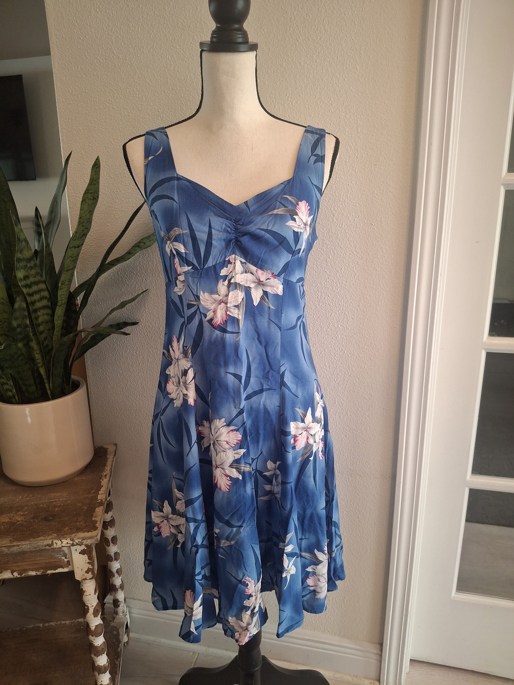 Blue Floral Hawaiin Midi Dress - Sleeveless V-Neck Made In Hawaii